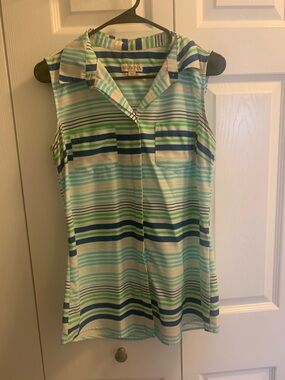 Merona Striped Sleeveless Collared Top in Aqua, Navy & White